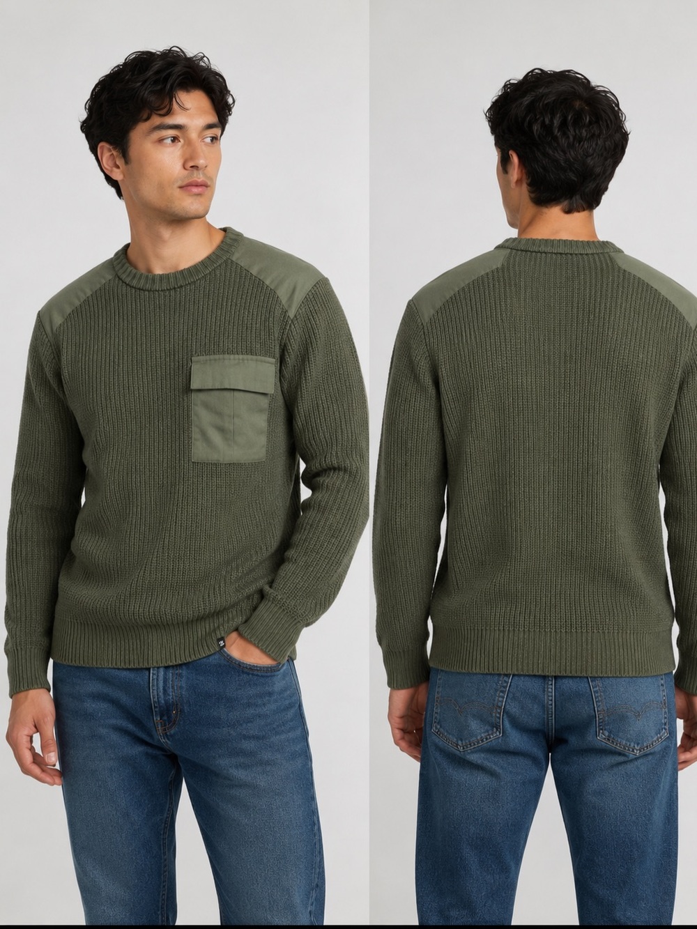 Joe's Jeans Olive Crewneck Knit Sweater with Chest Patch Pocket